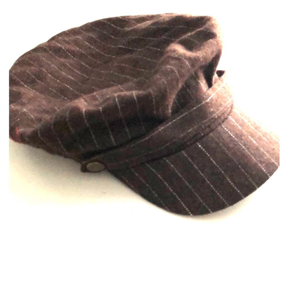 Brown newsboy hat. Wool with white dot pinstripe